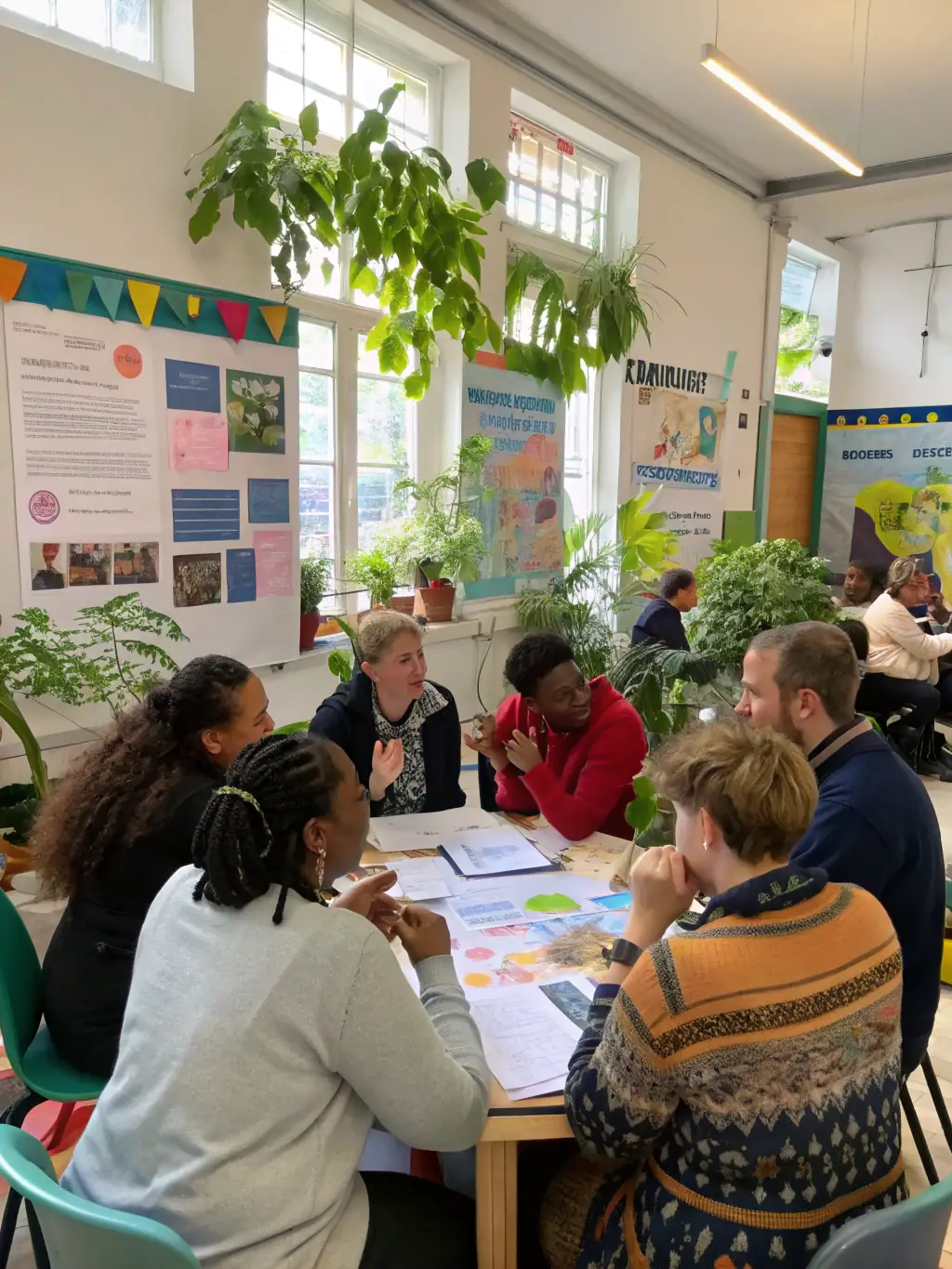 A group of diverse artists and local partners gathered around a table, actively discussing and planning a cultural event in a bright, creative workspace.