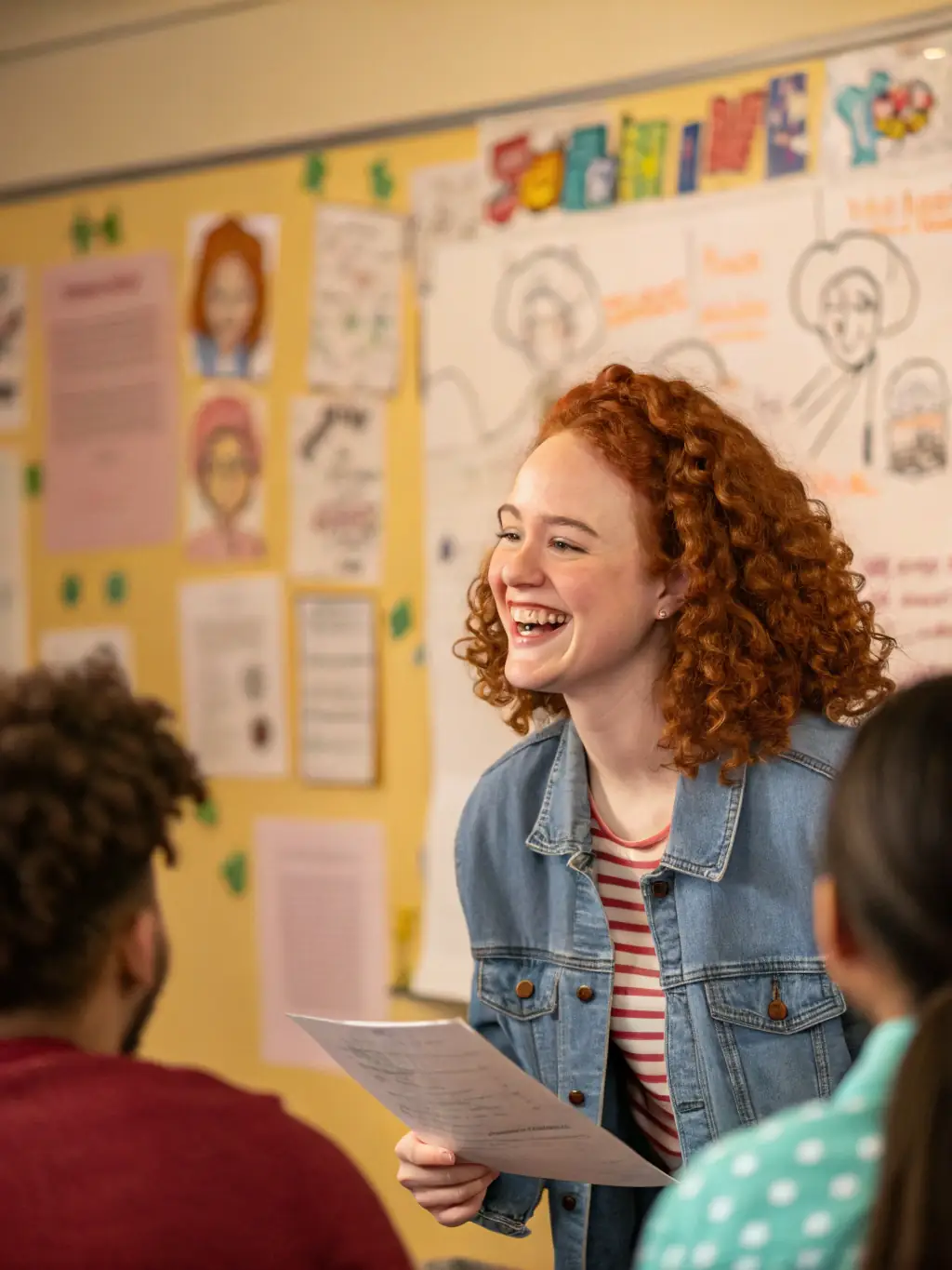 A smiling participant receiving feedback during a creative workshop, surrounded by colorful artwork and engaged facilitators.