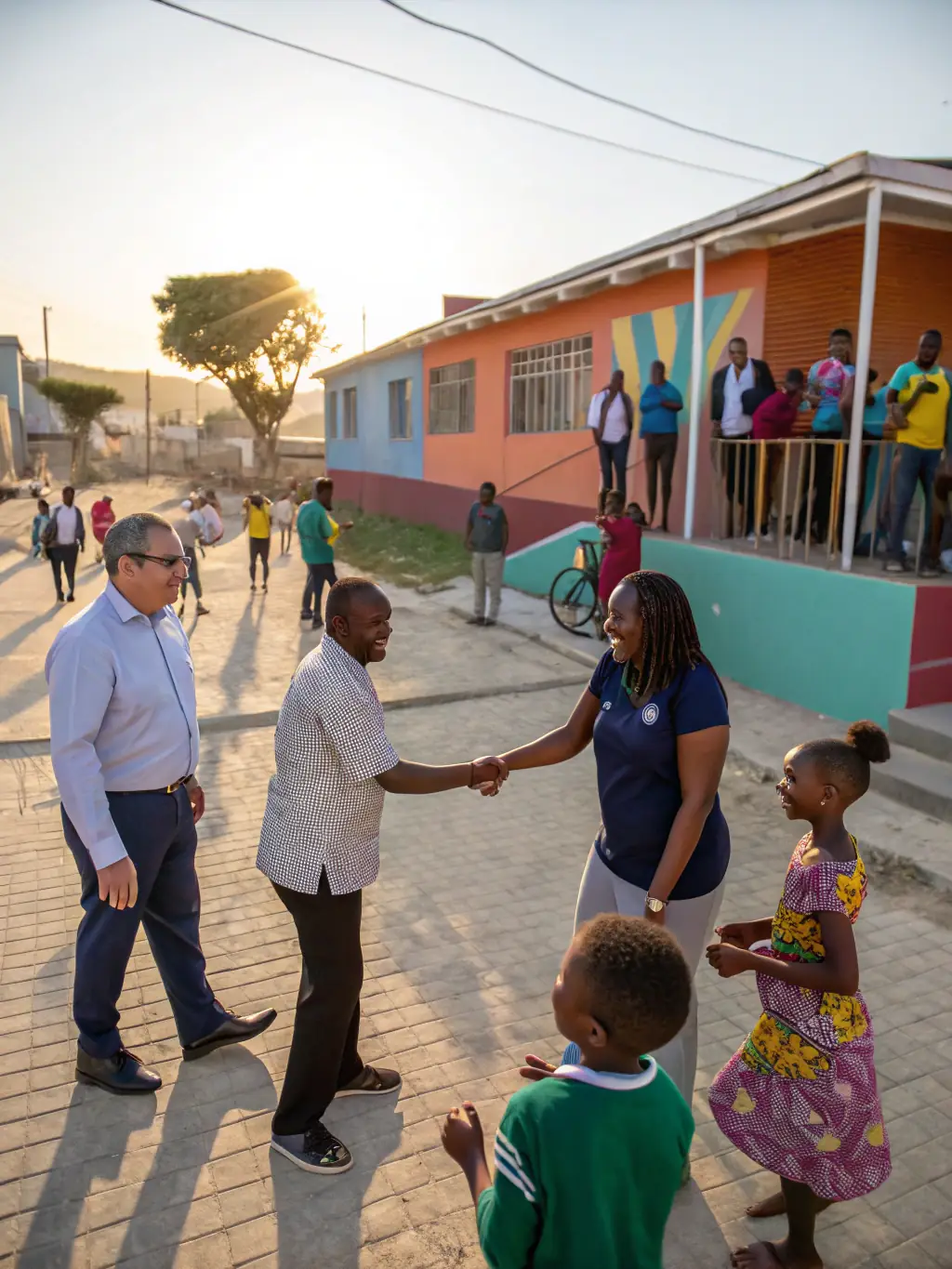 A handshake between a GROUPE DE PILOTAGE coordinator and a municipal representative, with a backdrop of a vibrant community event.